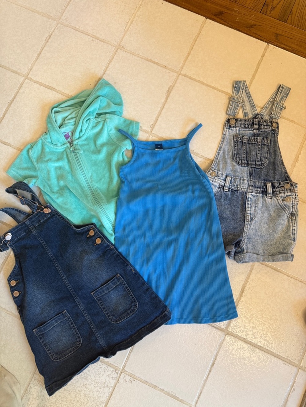 Blue Ribbed Tank Dress with Mint Hoodie & Denim Overalls Bundle 4T